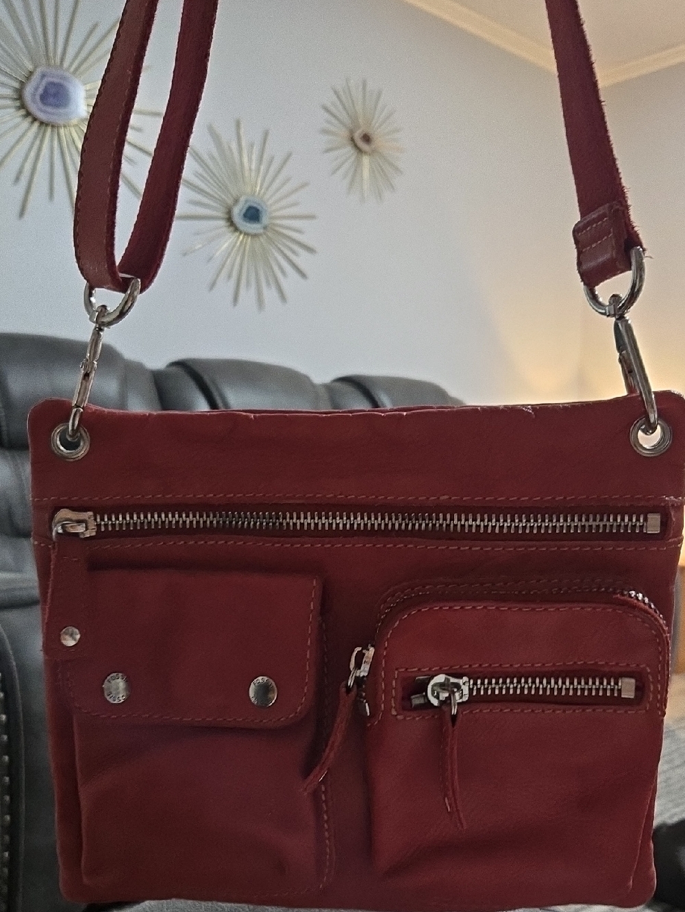 Fossil Red Leather Crossbody Bag With Lots Of Pockets, 10.5"×9"